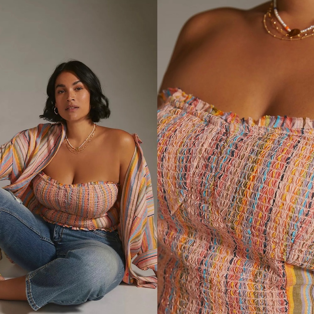 NWT $88 Anthropologie x Pilcro Peach Rainbow Smocked Pullover Top XL - Picture 4 of 12